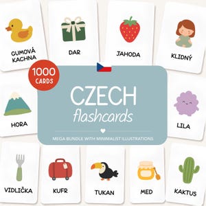 Op de afbeelding: Een set van 1000 Tsjechische flashcards met kleurrijke illustraties van items zoals een gele eend, groen cadeau, rode aardbei, berg, vork, koffer, toekan, honing en cactus, elk voorzien van het bijbehorende Tsjechische woord.