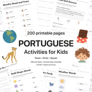 May include: A collection of 200 printable Portuguese educational activity pages for children, featuring exercises for reading, writing, and speaking. The pages include illustrations of a globe, a cheetah, a chocolate bar, and a child.
