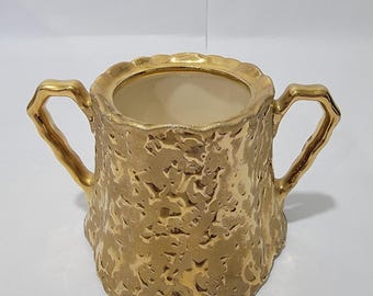 Bel-Terr China 22KT Gold Weep Texture Sugar Bowl Vintage MCM Double Handle USA