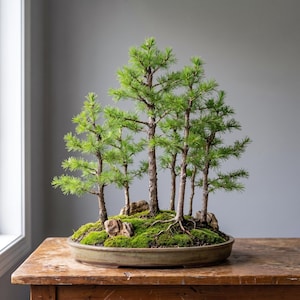 Op de afbeelding: Een bonsai-bosbeplanting met vijf naaldbomen met getextureerde bruine stammen en heldergroene naalden. De bomen zijn gerangschikt in een ondiepe, ronde, gedempt groene keramische pot, waarbij de basis is bedekt met levendig groen mos en kleine stenen.