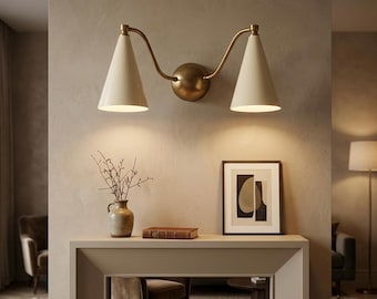 Brass Double Cone Wall Sconce, Mid Century Modern Two Light Wall Lamp, White Shadesz