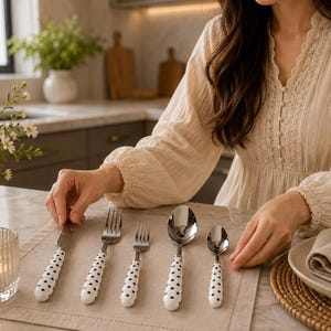 May include: A five-piece stainless steel cutlery set featuring white ceramic handles with a black polka dot pattern. The set includes a dinner knife, dinner fork, salad fork, dinner spoon, and teaspoon, all arranged neatly on a light beige placemat.