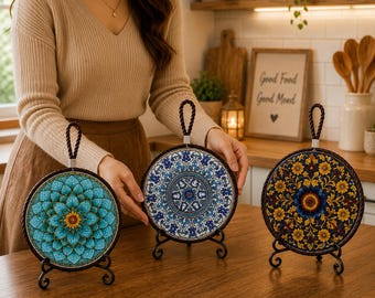 Descanso de panela mandala de cerâmica, decoração boho para cozinha, suporte para panela quente, acessórios de cozinha