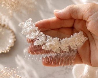 Pente de cabelo de noiva em marfim, estilo minimalista | Pentes de cabelo para casamento com pérolas e renda | Acessório de cabelo com miçangas | Acessório para daminha de honra | Acessórios de cabelo para noivas