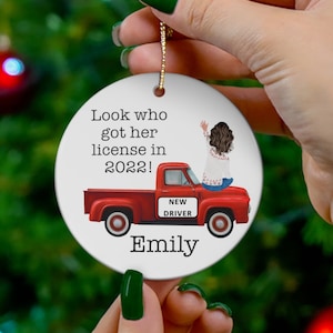 2024 Personalized New Driver Ornament: Look Who Got Her License in 2024, 2.76&quot; Ceramic Ornament with Rustic Truck, Name, Choose Hair Color
