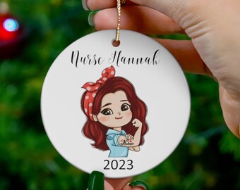 2024 Personalized Nurse Christmas Ornament 2.76" Ceramic Nurse Ornament with Name and Year, Choose Hair Color, Rosie the Riveter RN Ornament