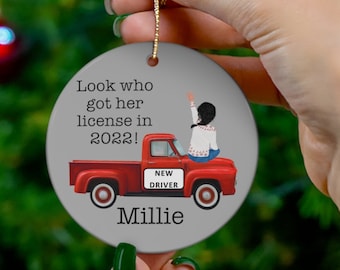 2024 Personalized New Driver Ornament: Look Who Got Her License in 2024, 2.76&quot; Ceramic Ornament with Rustic Truck, Name, Choose Hair Color