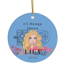 UX Designer Gift: Personalized User Experience Designer Christmas Ornament with Name and Year, 2.76" Ceramic UX Ornament, Blue Floral UX