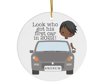 Look Who Got His First Car in 2024 Ornament: Personalized Ceramic Ornament with Name, Choose Skin, Hair, Car, and Background Color