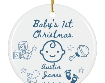 Baby's 1st Christmas Ornament: Personalized Keepsake for Boy, Baby Boy Ornament, Personalized Gift, Birth Announcement, Doodle Ornament