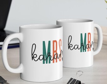 Matching Couples Ceramic Mugs, Personalized Mr and Mrs Mugs with Last Name and Heart Design, Wedding Gift, Bachelorette Party, Engagement