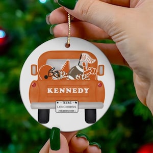 Texas Longhorns Gift: Personalized University of Texas Ornament, 2.76&quot; Ceramic Ornament with Name, Truck, and Burnt Orange Football Gear