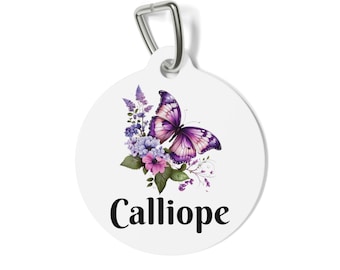 Placa de Identificação para Gatos com Flores e Borboletas: Placa de Identificação para Gatos, Placa de Metal para Cães ou Gatos, Placa Dupla Face com a Frase "Tenho um Lar" ou Informações de Contato no Verso