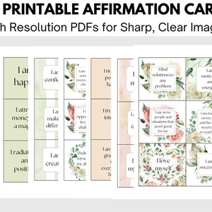 Digitaler Download Positive Affirmationen: 42 druckbare Affirmationskarten und 18 leere Affirmationskarten mit rosa und grünem Blumenhintergrund