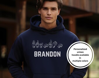 Personalized ASL Hoodie: Name in ASL Fingerspelling and Bold Letters on a Hooded Sweatshirt, ASL Gift, Available in Black Brown or Purple