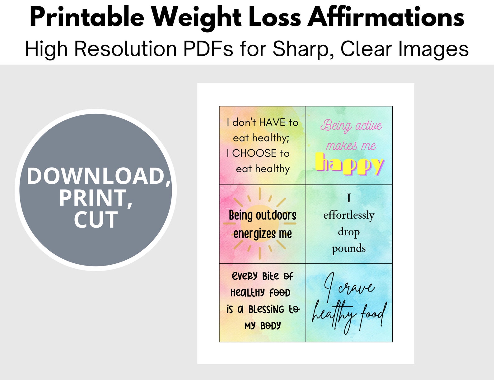 36 Weight Loss Affirmation Cards for Women: Watercolor Design