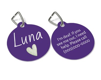 Personalized Dog Tag with Heart and Deaf Alert: Medical Pet Tag with Printed Name and Contact Info, Metal Dog Name Tag or Cat Name Tag