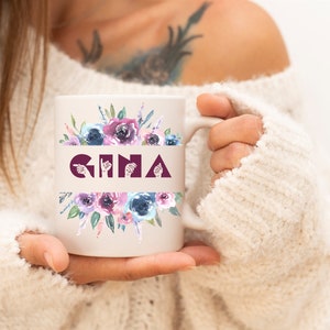 Personalized ASL Mug: Any Name in American Sign Language Fingerspelling on an 11oz Ceramic Coffee Cup, ASL Gift, Blue and Purple ASL Mug