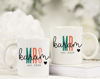 Personalized Wedding Mugs, Custom Mr and Mrs Last Name & Year, Engagement Gift, Anniversary Mug, Ceramic Cup, 11oz, 15oz, Mr and Mrs Mugs