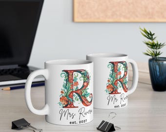Personalized Mr and Mrs Ceramic Mugs, Initial Couples Mugs, Name Mug, Wedding Anniversary Bridal Shower Gift, Two-Sided Print