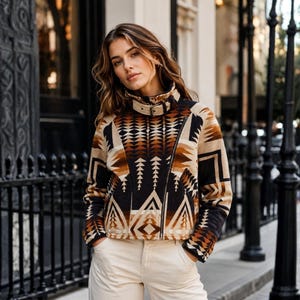 Beth Dutton Aztec Jacket, Kelly Reilly Yellowstone Inspired Wool Jacket, Western Shearling Collar Aviator Coat for Women