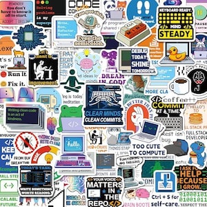 May include: A collection of colorful vinyl stickers featuring programming themes, computer hardware, and coding-related text such as "Clear Minds, Clean Commits," "Keyboard Ready," and "Too Cute to Compute," arranged in a dense, overlapping collage.