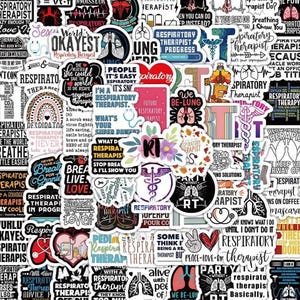 May include: A collection of assorted vinyl stickers featuring respiratory therapist themes, including illustrations of lungs, stethoscopes, and medical symbols, alongside various motivational quotes and text about the respiratory therapy profession.