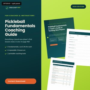 May include: A 14-page Pickleball Fundamentals Coaching Guide 2026 Edition PDF for coaches and instructors. The document features a dark green and lime green layout with text, a first lesson plan, and a new player progress checklist for teaching.