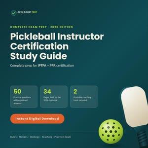 May include: A digital study guide for pickleball instructor certification, 2026 edition. The dark teal graphic features the text 'Pickleball Instructor Certification Study Guide', '50 practice questions', '34 pages', '2 printable coaching tools', and 'Instant Digital Download'. A pickleball paddle and ball are visible.