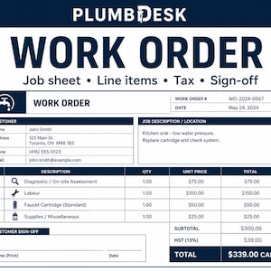 Pode incluir: Um documento de ordem de serviço PlumbDesk branco e azul escuro com um ícone de torneira, detalhes do cliente John Smith, descrição de reparo de pia de cozinha, tabela de itens com quantidades e preços, e uma seção para assinatura do cliente.