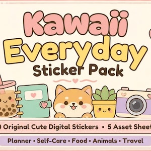 Kawaii Sticker Pack, Everyday Digital Stickers | Transparent PNGs, 40 Pieces | GoodNotes Compatible, Printable