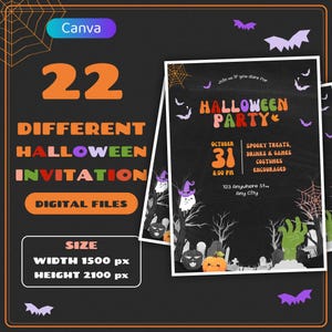 Könnte beinhalten: Eine digitale Halloween-Party-Einladungsvorlage mit schwarzem Hintergrund und orangefarbenen, violetten und grünen Grafiken wie Fledermäusen, Geistern, Kürbissen und einer Zombiehand. Der Text lautet Halloween Party, 31. Oktober, 20.00 Uhr, 123 Anywhere St.