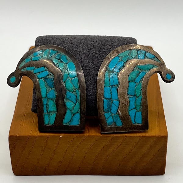 Vintage Sterling Silver Turquoise Mosaic Screw Back Earrings Mid Century Statement Jewelry