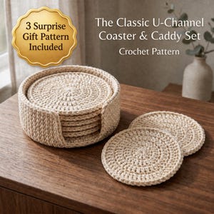 Crochet coaster with Holder | Round coaster with holder | The Classic U-Channel Coaster & Caddy Set | Crochet pattern | Crochet beginner PDF