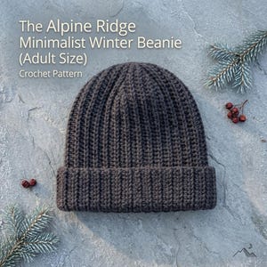 Può includere: Un berretto all'uncinetto grigio antracite scuro con una trama a coste e un bordo ripiegato. Il testo sull'immagine recita: The Alpine Ridge Minimalist Winter Beanie (Adult Size) Crochet Pattern. Il berretto è mostrato con aghi di pino e bacche.