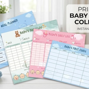 Op de afbeelding: Een printbare babyplanner-collectie met vier vellen in pastelblauw en roze. De vellen bevatten een maaltijdplanner, twee dagelijkse baby-logboeken met beer- en speenpictogrammen, en een tabel voor de eerste voeding van de baby met rasters.