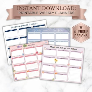 Weekly Planner Digital PDF, Minimalist Weekly Organizer, Weekly Schedule Layout, 4 Designs Bundle, Cute Weekly Planner Page, Undated