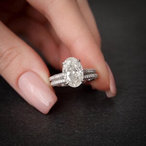 3.5CT Oval Cut Moissanite Hidden Halo Pave Bridal Ring Set, Oval Engagement Ring Set, Double Pave Wedding Band, Moissanite Bridal Ring Set