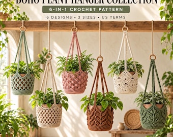 May include: Six crochet plant hangers in various colors and textures, including sage green, cream, dusty rose, and terracotta, each featuring a wooden ring at the top. Text reads: REDRIBBONVOWS BOHO PLANT HANGER COLLECTION 6-IN-1 CROCHET PATTERN.