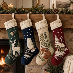 May include: Four crocheted Christmas stockings with cream-colored cuffs and hanging loops. The green stocking features a white deer and star, the navy blue one shows a white owl, the cream one depicts a fox, and the red one displays a snowy cabin.