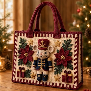 May include: A rectangular crochet tote bag featuring a central cream-colored panel with a three-dimensional mouse dressed as a nutcracker. The bag is decorated with red poinsettias, green leaves, gold stars, and two small red gift boxes with gold bows.