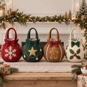 Può includere: Quattro sacchetti regalo rotondi in tessuto con manici, ognuno con un design festivo unico: una borsa rossa con un fiocco di neve bianco, una verde con una stella dorata, una marrone con un omino di pan di zenzero e una crema con agrifoglio.