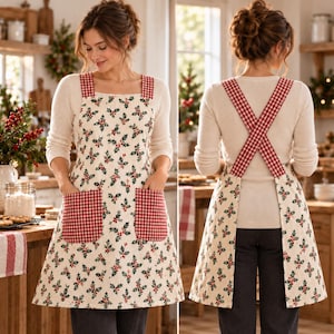 May include: A cream-colored apron featuring a repeating holly leaf and red berry pattern. The apron has wide shoulder straps and two large front pockets, all accented with a red and white gingham check fabric. The design includes a cross-back style.