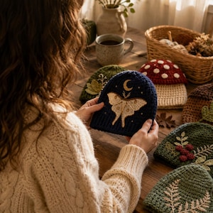 Op de afbeelding: Een collectie handgemaakte gehaakte mutsen met op de natuur geïnspireerde ontwerpen, waaronder een donkerblauwe muts met een mot en maansikkel, een rood-witte paddenstoelmuts, een bruine eikelmuts en diverse groene mutsen met blad- en bessenmotieven.