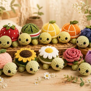 Peut inclure: Une collection de dix petites figurines de tortues crochetées avec des carapaces conçues pour ressembler à divers fruits et fleurs, notamment une fraise, une pastèque, un citron, une orange, une mûre, une pêche, un tournesol, une marguerite, une rose et un lotus violet.