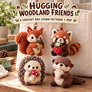 Puede incluir: Cuatro dijes de ganchillo para bolso: una ardilla con bellota, un panda rojo con fresa, un erizo con seta y una nutria con concha. El texto dice HUGGING WOODLAND FRIENDS 4 CROCHET BAG CHARM PATTERNS PDF.