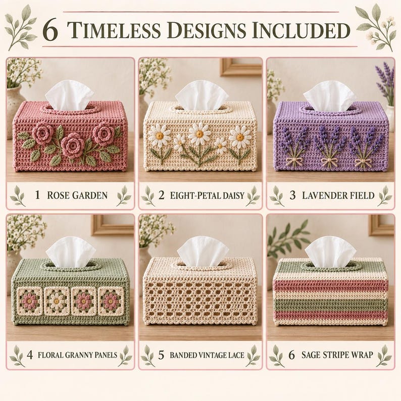 Rectangular Pattern Vintage Crochet Tissue Box Cover Pattern PDF, 6-in-1 Floral & Vintage ...