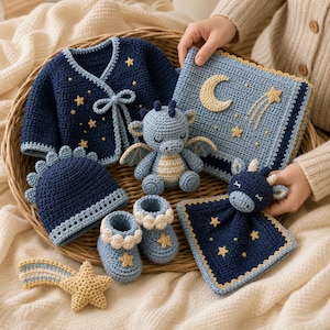 May include: A crochet set in a wicker basket featuring a dark blue wrap cardigan with yellow stars, a matching hat with spikes, light blue booties, a small blue dragon plush, a square blanket with a moon and stars, and a star-shaped rattle.