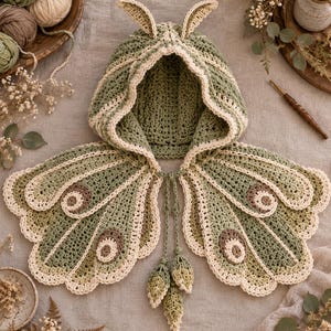 Puede incluir: Una capa con capucha tejida a ganchillo en color verde salvia y crema con patrones de alas de polilla y detalles circulares en forma de ocelos. La prenda incluye dos antenas puntiagudas en la capucha y lazos largos con borlas en forma de hoja.