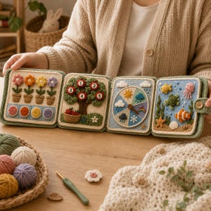 Può includere: Un libro di attività all'uncinetto a quattro pannelli con applicazioni testurizzate che includono fiori in vaso, un albero con mele numerate, una ruota del tempo con puntatore rotante e una scena sottomarina, bordato in verde salvia.